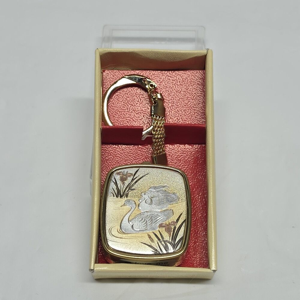 Vintage Westland Japan Chokin Art Swans Music Box Keychain Plays Love Me Tender